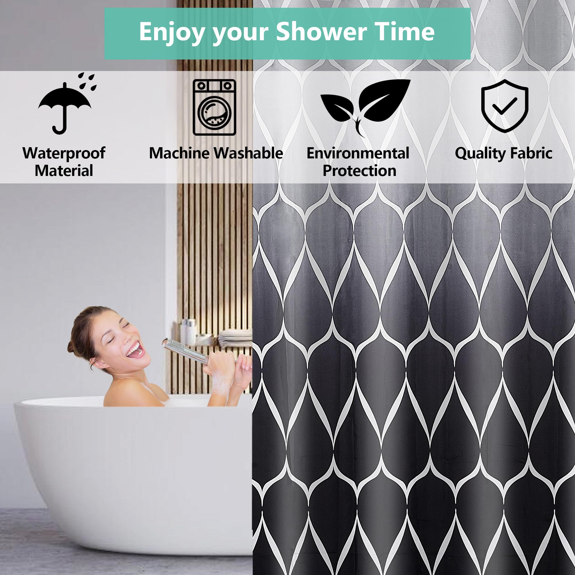 GERUIKE Extra Wide Weighted Shower Curtain 240 x 200 cm, Anti-Mould Waterproof Textile 130GSM Polyester Fabric - Image 2