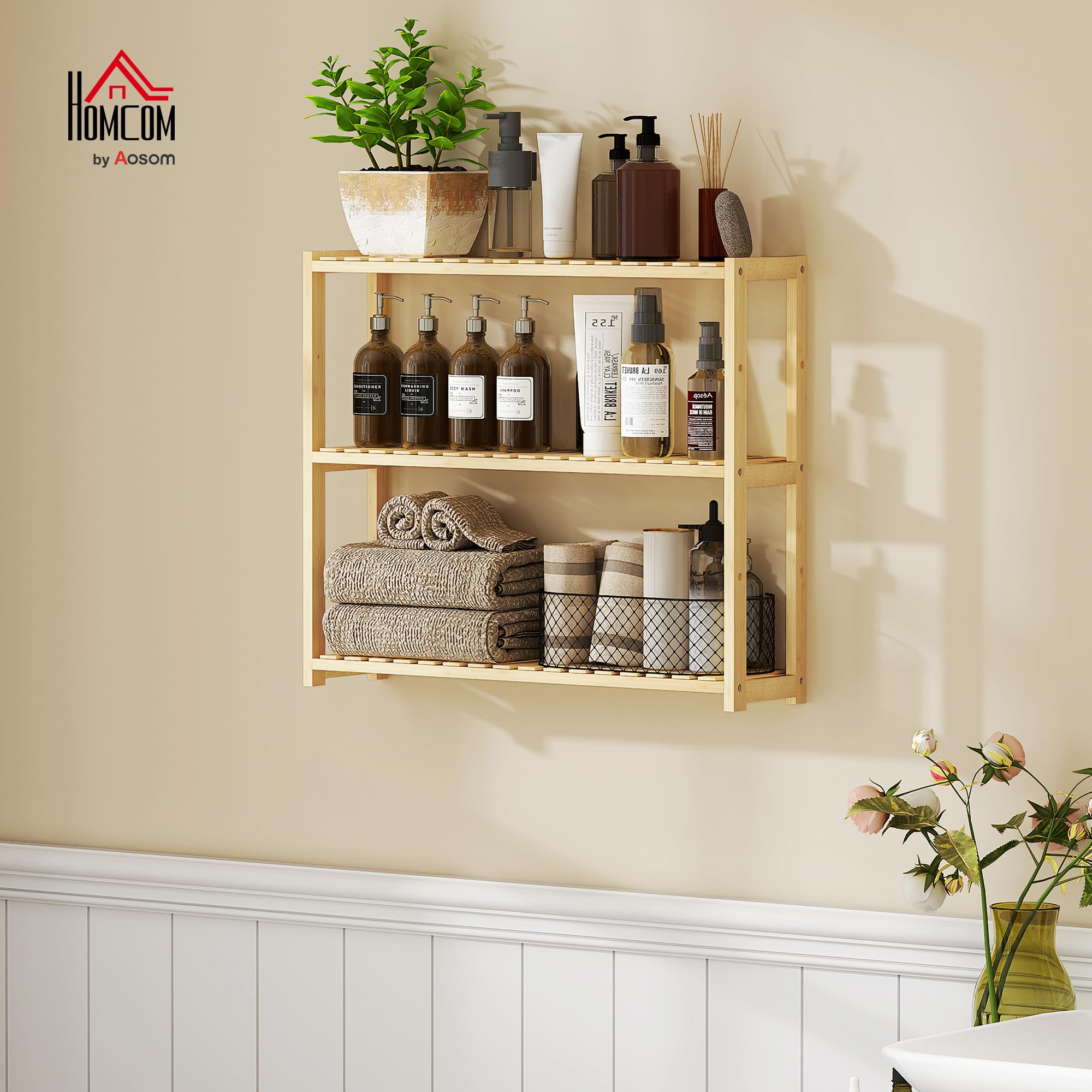 HOMCOM Scaffale da Bagno a 3 Ripiani Regolabili in 5 Livelli, Mobile Contenitore in Bambù a Parete o a Terra, per Cucina, Soggiorno e Bagno, 60x15x50 cm, Color Legno