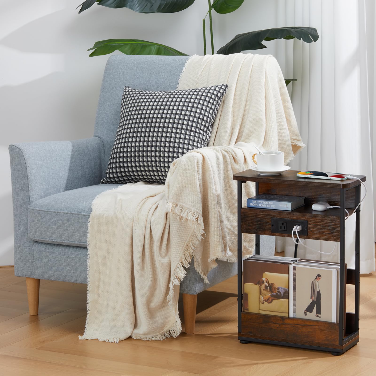 YEAKOO Narrow Side Table With UK-Plug Charging Station - Image 2