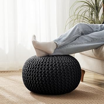Pouf Ottoman Foot Rest Stuffed 20 Diameter x 14 Tall Cozy Floor Pouf for Living Room, Bedroom, Nursery & More 100% Cotton Knit Shell, EPS Bead Filled Footrest & Accent Chair, Black