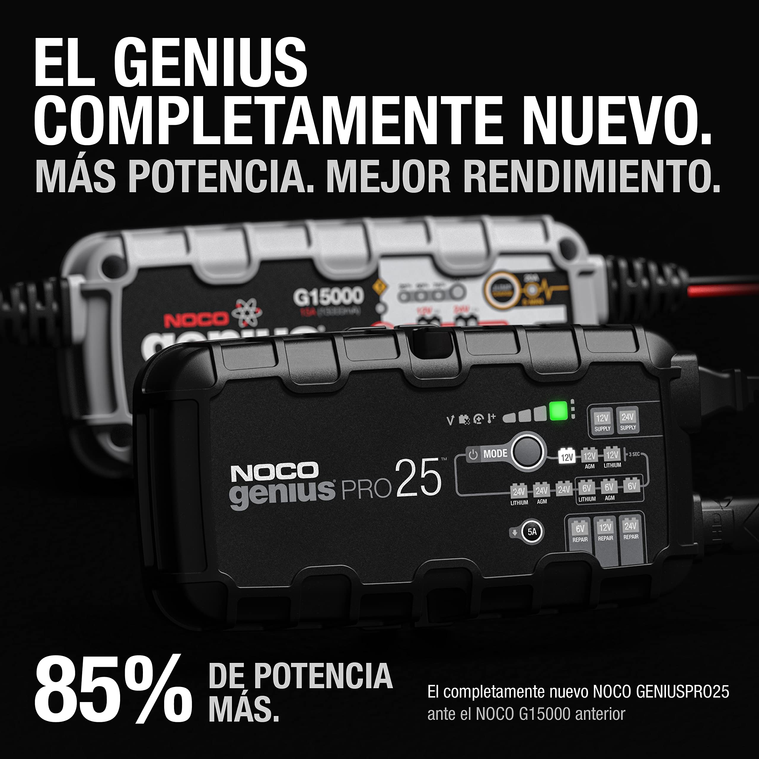 NOCO GENIUSPRO25: Cargador Profesional Inteligente de baterías 25A 6V/12V/24V – Mantenedor, desulfatador y Fuente de alimentación – Protección contra sobrecarga – para baterías de Plomo y Litio