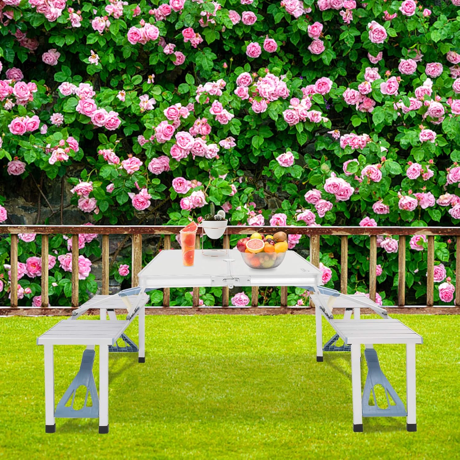 VINGLI Folding Camping Picnic Table with 4 Seats with Patio Umbrella Hole, Portable Table Aluminum Alloy Frame with Soft Handle for Barbecue, Travel, Outing, Gathering : Patio, Lawn & Garden