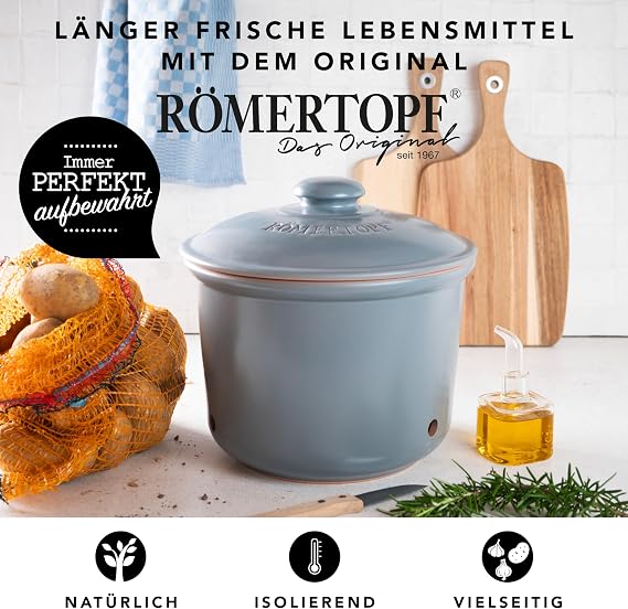 Romertopf Storage pot Maxi plus fresh pot made of natural clay for long shelf life of food such as potatoes, diameter 26.0 cm, blue-grey