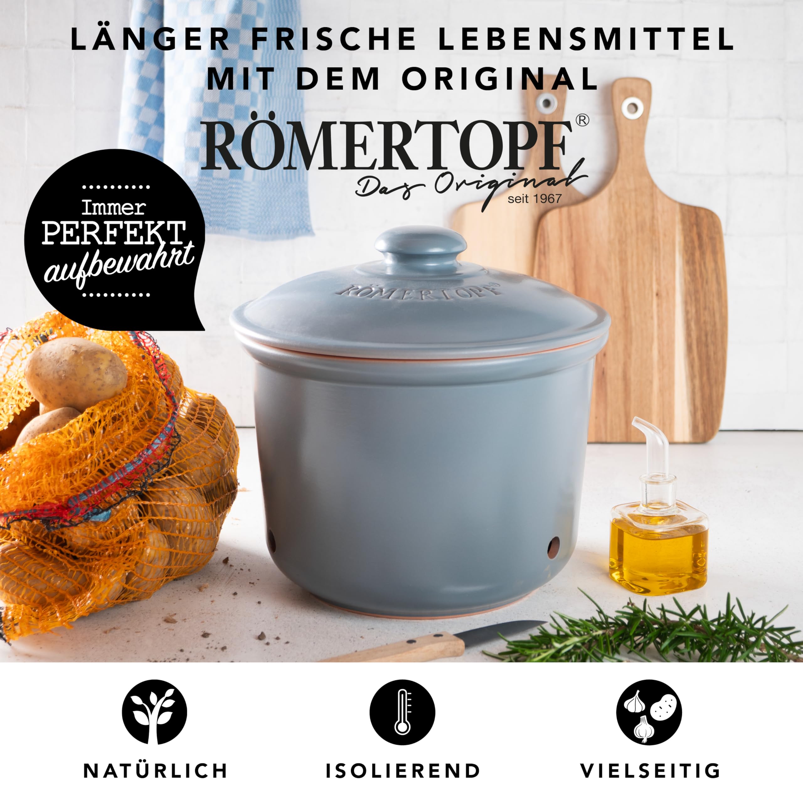 Römertopf Contenitore per Patate in Ceramica – Conserva Patate Fresche più a Lungo, Traspirante e Areato, Blu-Grigio, tradizione dal 1967