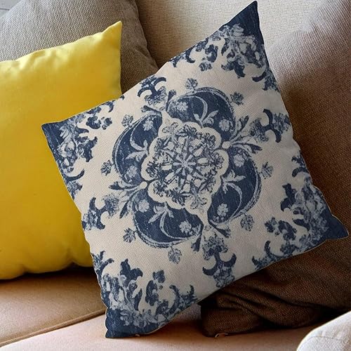 Miniatura 6 de Funda de cojín clásica de lino con patrón de damasco azul marino con cremallera de 22 x 22 pulgadas, fundas de almohada para sala de estar,