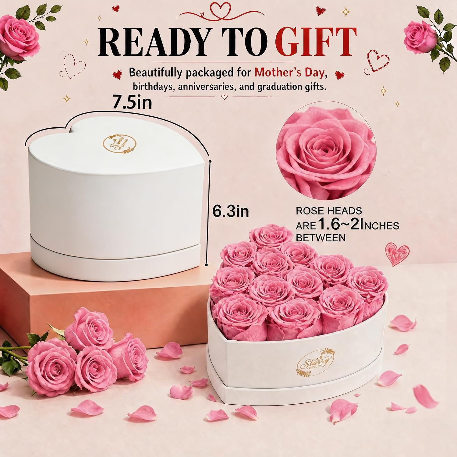 12 Preserved Forever Roses in Heart Shape Box, Luxury Eternal Rose Gift for Her, Romantic Long Lasting Flowers for Women, Valentine’s Day, Birthday, Mother’s Day (White+Pink)
