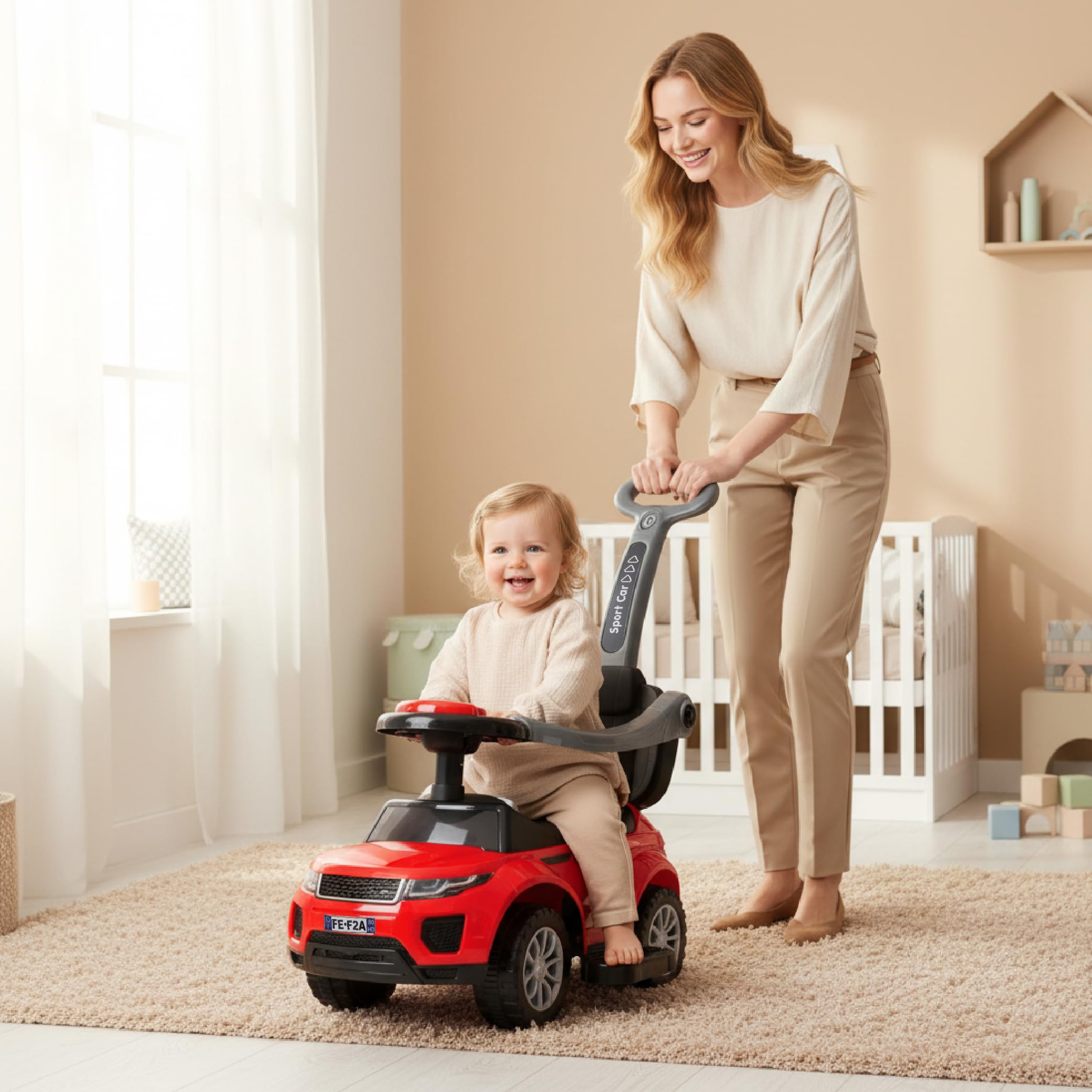 Auto a spinta per bambini 4in1, scivolo a partire da 1 anni, con clacson e musica, spazio per riporre i bagagli sotto il sedile (Rosso)