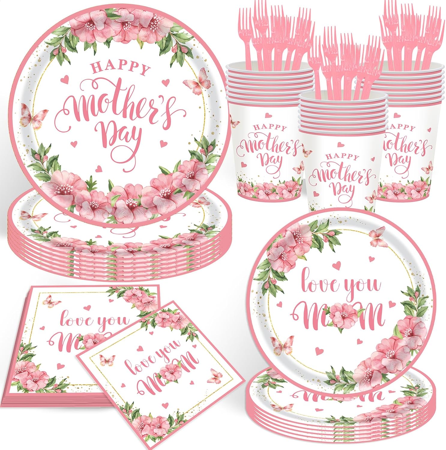 Mother’s Day Party Supplies, 120 Pcs Floral Disposable Tableware Set with Elegant Floral Plates, Cups, Napkins, Forks for Mother’s Day , Birthday Party Decorations, Spring Theme Party Supplies