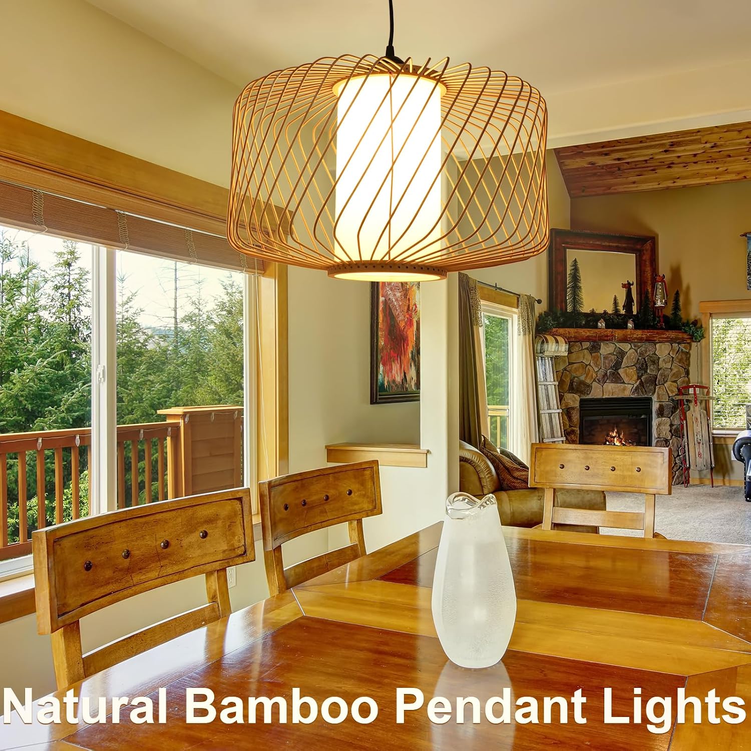 LALISU Plug-in Pendant Light Rattan Hanging Lamp, Boho Hanging Lights with Woven Lampshade, 3-Way Dimmable & Timmer Setting Ceiling Light Fixture for Living Room, Bedroom, Farmhouse (Bamboo Oval)