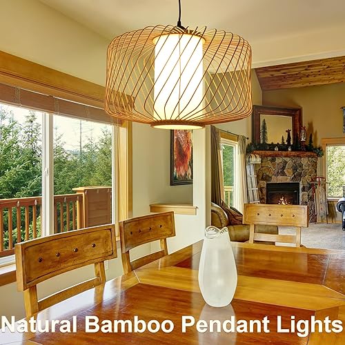 Miniatura 3 de Lámpara colgante de ratán enchufable, luces colgantes bohemias con pantalla tejida, regulable de 3 vías y ajuste de atenuador para sala de estar,
