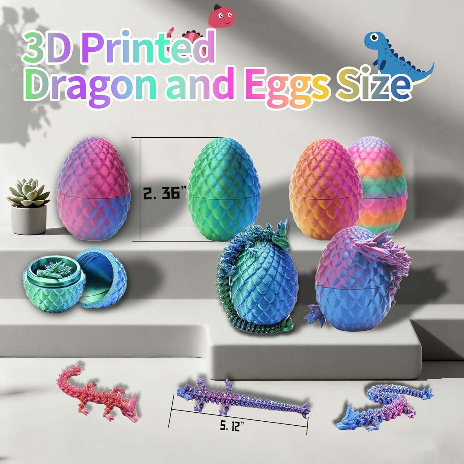 6PCS Printed Dragon Eggs with Dragon Inside – 3D Printed Articulated Dragon Eggs, Fantasy Creature Figures, Fidget Kits for Collectors, Unique Desktop Decoration