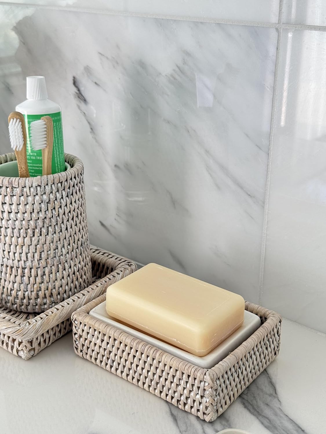 La Jolla Rattan Rectangular Soap Dish, White-Wash