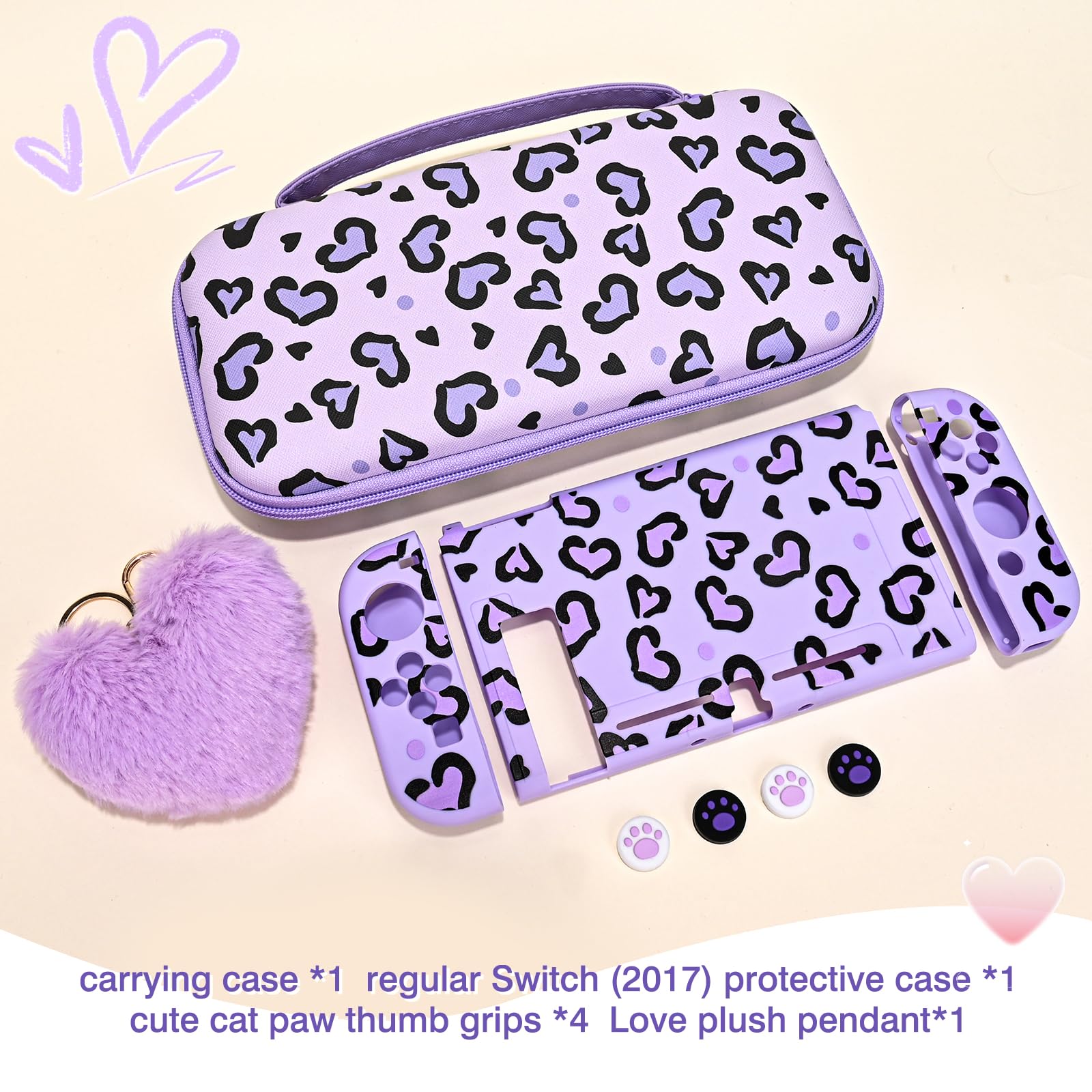 DLseego Love Heart Leopard custodia per Switch 2017 set di accessori, custodia portatile con 1 guscio morbido in TPU e 1 ciondolo a forma di cuore in peluche, 12 slot e 4 tappi per pollice a forma di