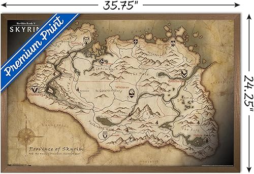 Vista 69 de The Elder Scrolls V: Skyrim - Póster de pared de mapa, 34 pulgadas de largo x 22.4 pulgadas de ancho, versión enmarcada de madera de granero Versión