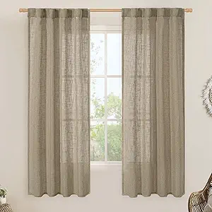 LAMIT Linen Curtains 60 Inch Length 2 Panels, Light Filtering Panels Back Tab and Rod Pocket Neutral Drapes for Bedroom/Window/Living Room, Taupe, 34 x 60 Inch