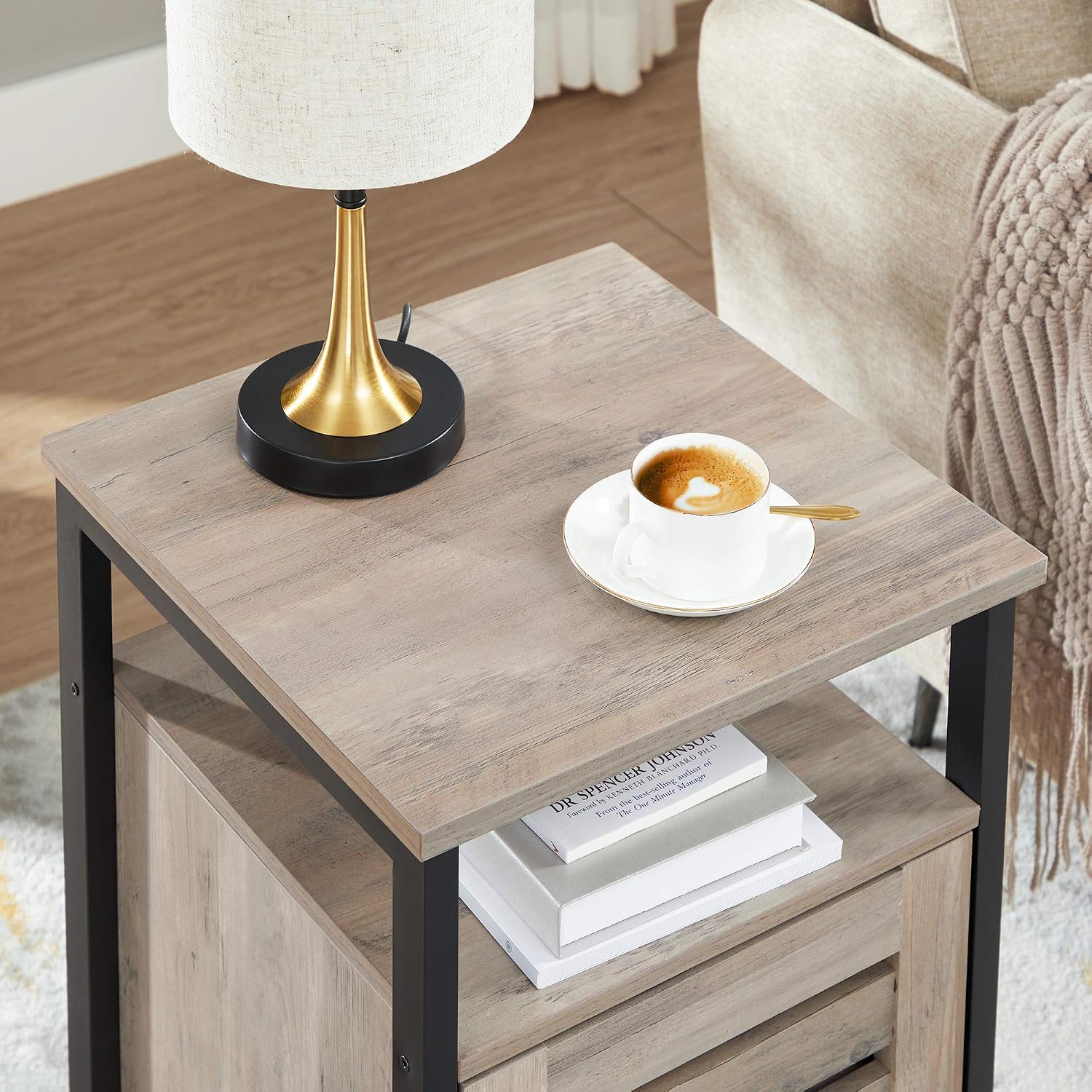 VASAGLE Nightstand, Night Table with Inner Adjustable Shelf, Steel Frame, for Living Room Bedroom, Industrial, 15.7”L x 15.7”W x 23.6”H (40 x 40 x 60 cm), Greige + Black