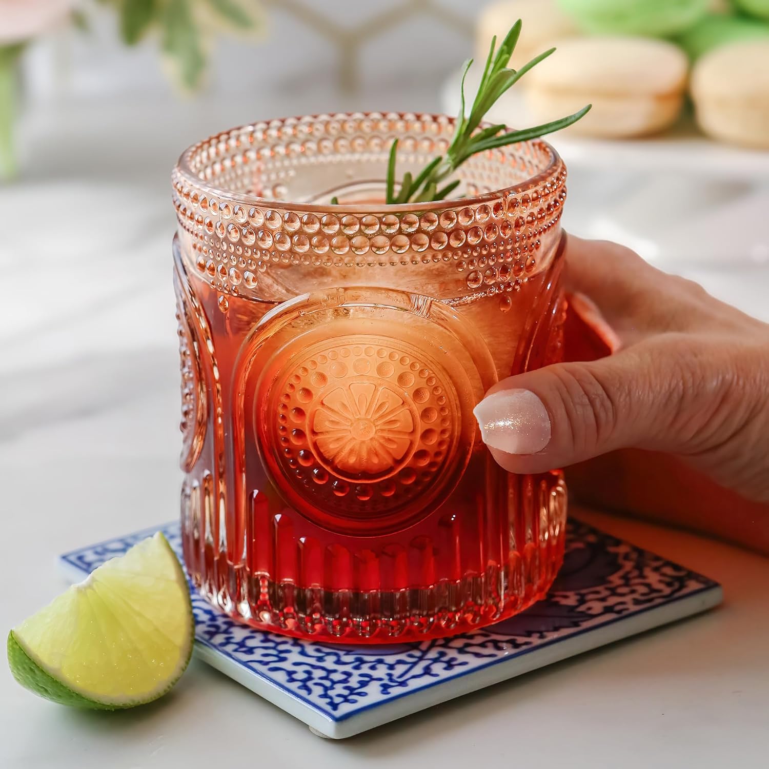 Ribbed Retro Arch Floral Rose Gold Drinking Glasses Set of 6, (10 oz) Vintage Glassware Set by Kate Aspen| Cocktail Glass Set, Juice Glass, Water Cups | Great Hostess Gift & Gift for New Home Owners - Image 7