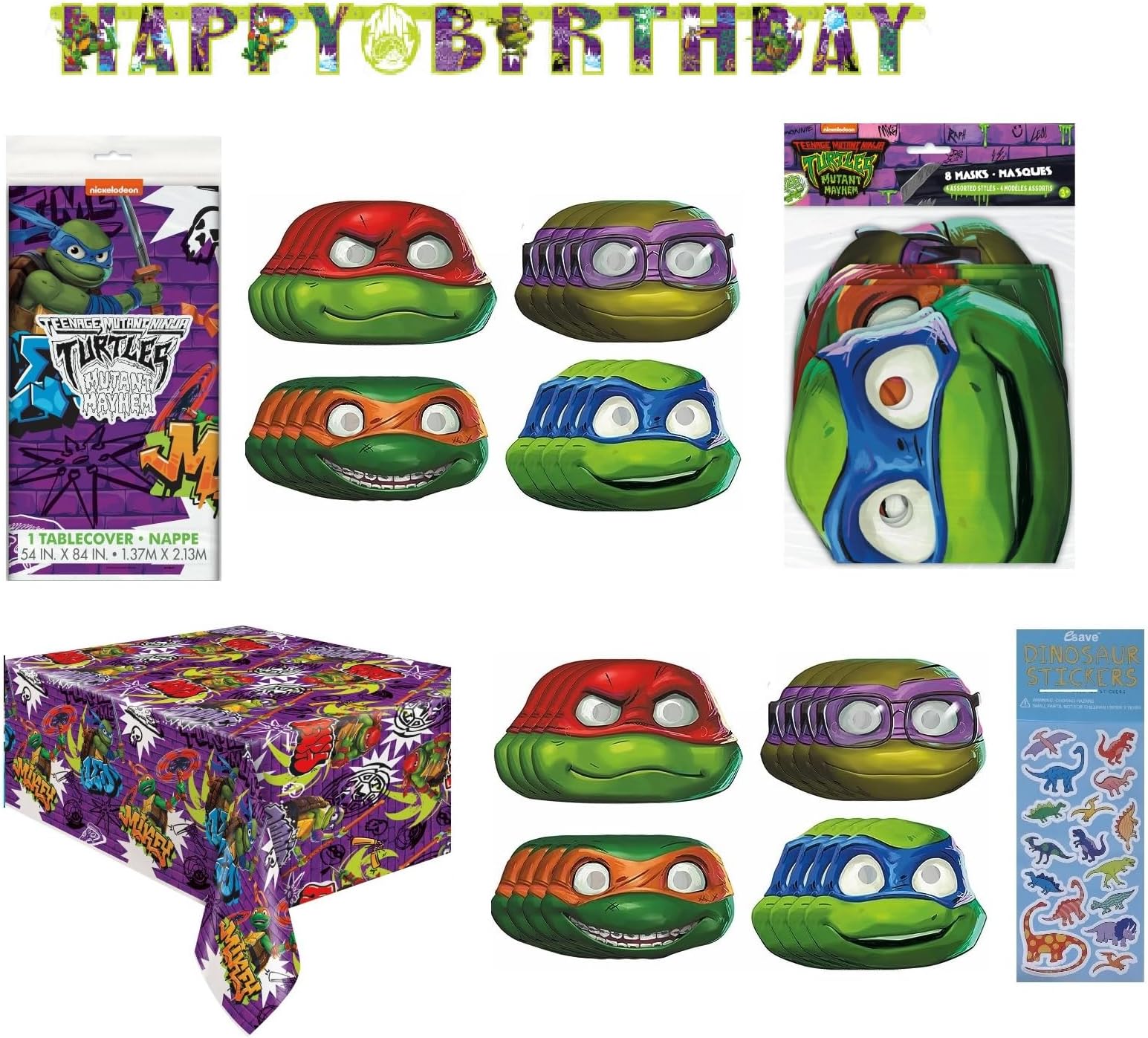 Unique Teenage Mutant Ninja Turtles TMNT Birthday Party Supplies Decoration Bundle Pack includes 1 Birthday Banner, 1 Table Cover, 8 Paper Masks and 1 Dinosaur Sticker Sheet - 10 Pieces