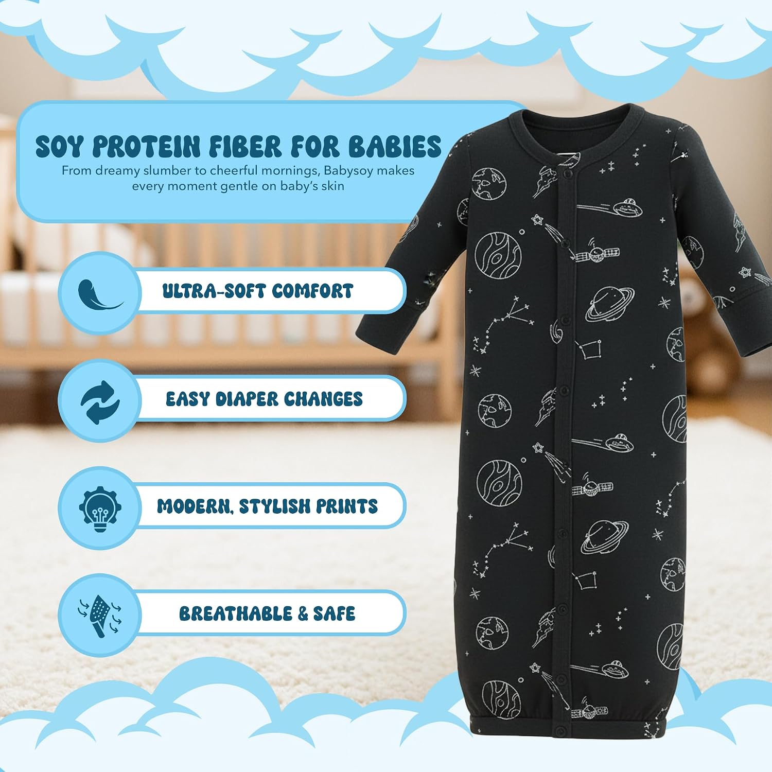 Babysoy Unisex Baby Long Sleeve Gown Sleep Sack, Ultra Soft Nightgown, Newborn Reversible Mittens