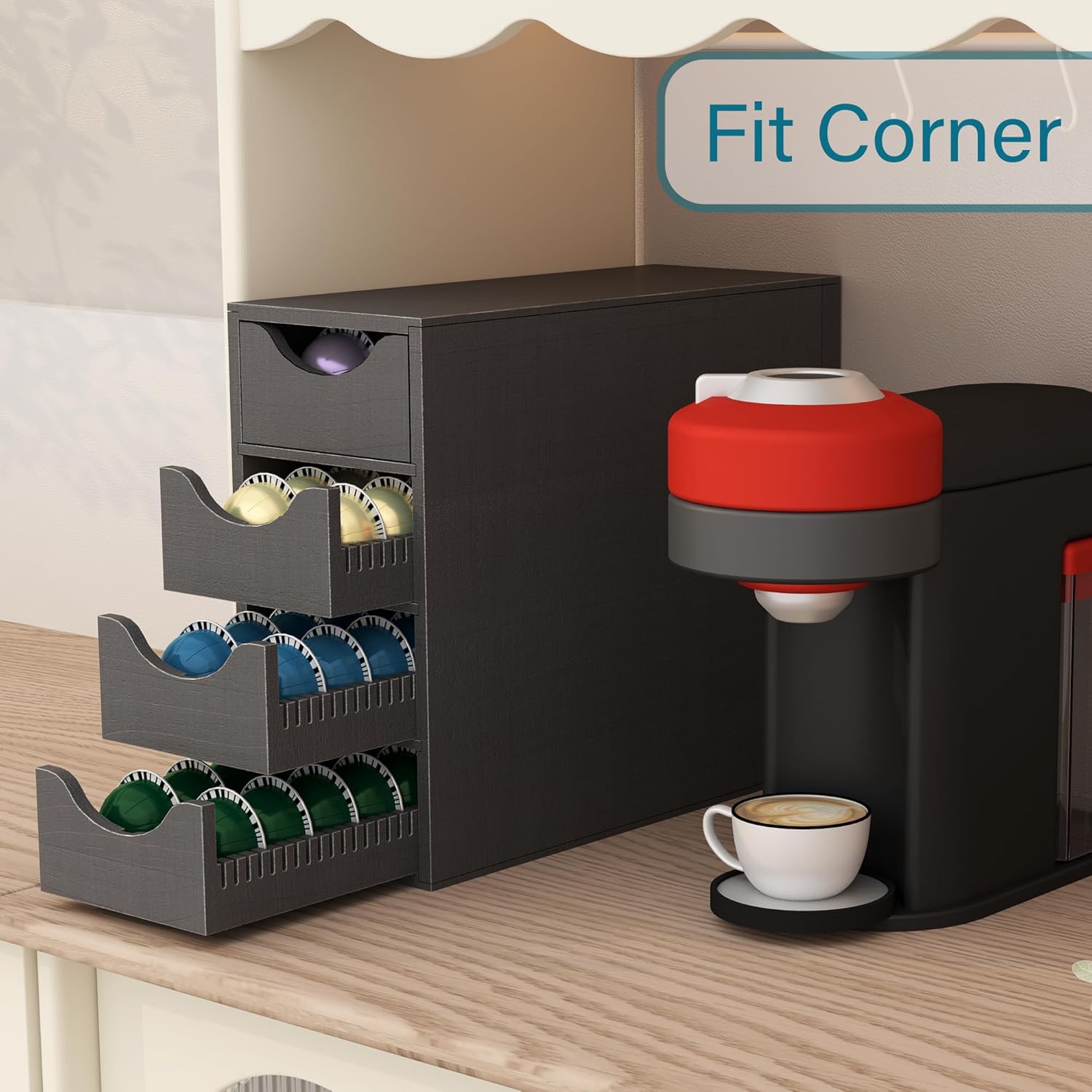 Suli Coffee Pod Holder, Coffee Capsule Storage Organizer,Coffee Pod Organizer for Countertop,Storage Rack with Drawer, 4 Tier,104 Pods,Wood,Black