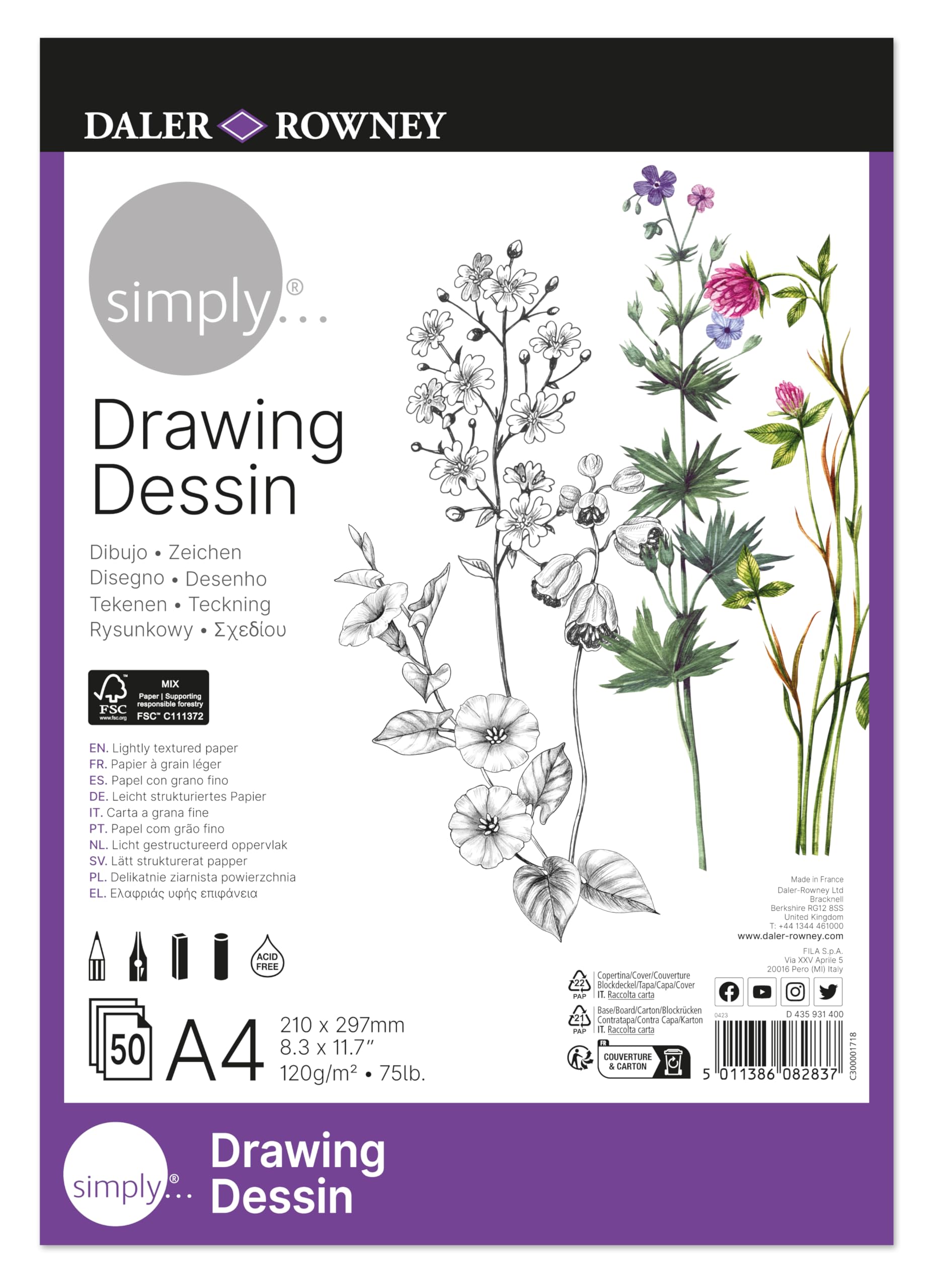 Daler-Rowney Simply Drawing & Sketching Paper Pad, A4, 120gsm, 50 Sheets, For Entry-Level Artists & Hobbyists