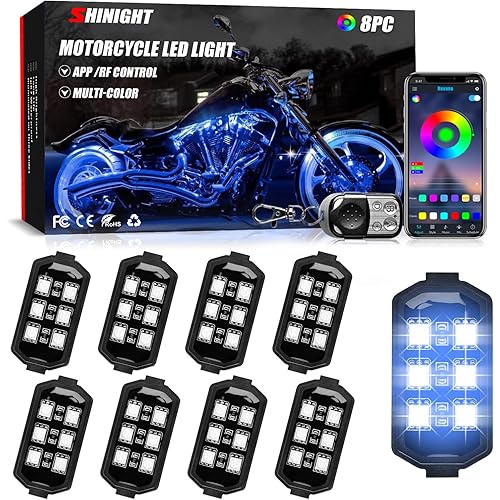 SHINIGHT 8 Pcs Motorcycle LED Light Kits, App Control Multicolor Waterproof Motorcycle LED Strip Lights with RF Remote, Music Sync & Multiple Scene Modes RGB LED Lights for Motorcycles