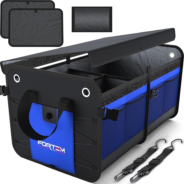FORTEM Car Boot Organiser, Car Boot Tidy, Car Boot Storage, Collapsible Multi Compartment Car Organiser, Non Slip Bottom, Adjustable Securing Straps, Foldable Cover (2 Compartments, Blue)