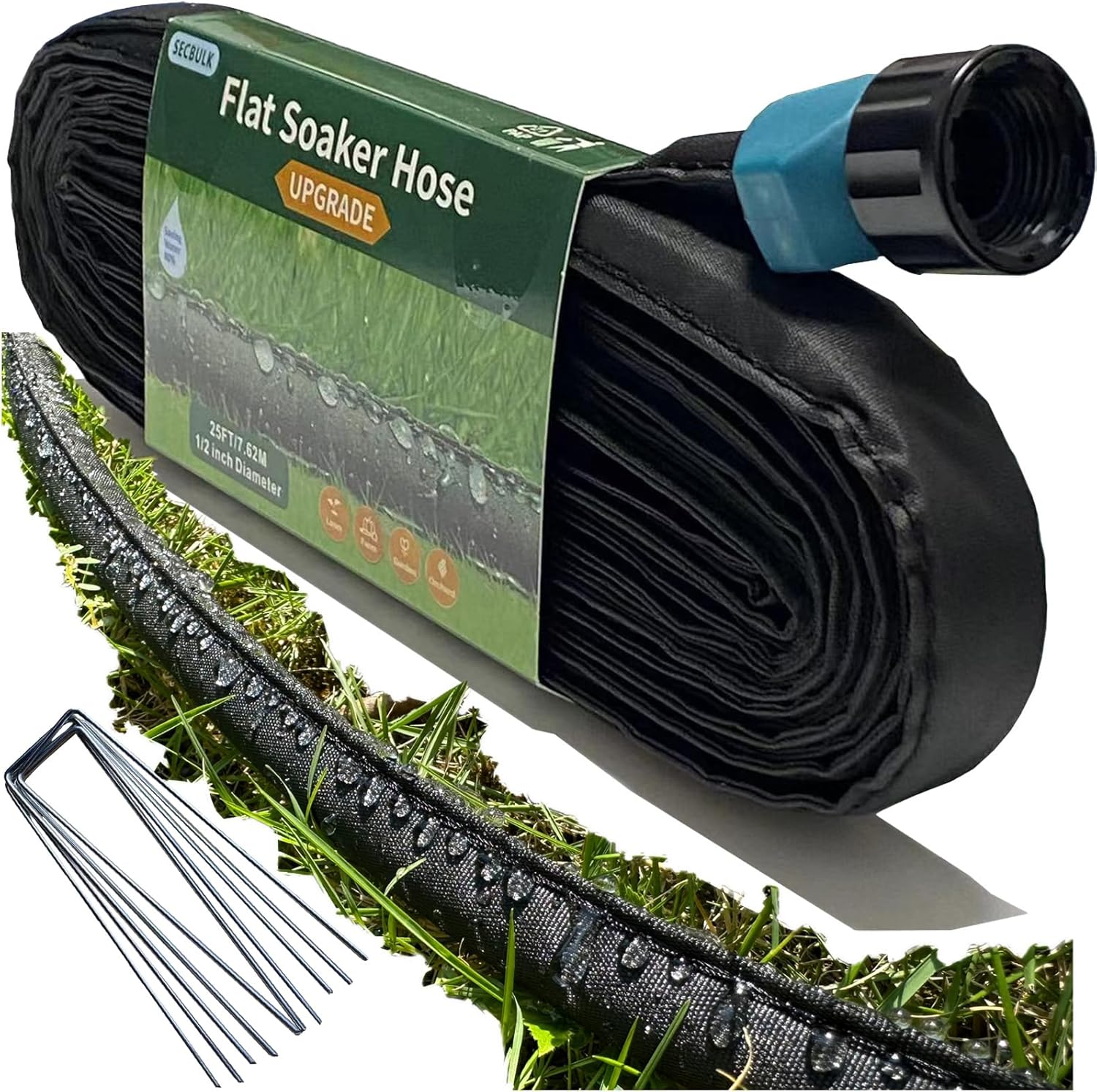 Secbulk 2026 Flat Soaker Hose 25 ft with Stakes for Garden, 25ft Linkable Drip Hose Diy Garden Irrigation System Saving 80% Water, Dual-layer Leak-free Design Water Hose with Holes