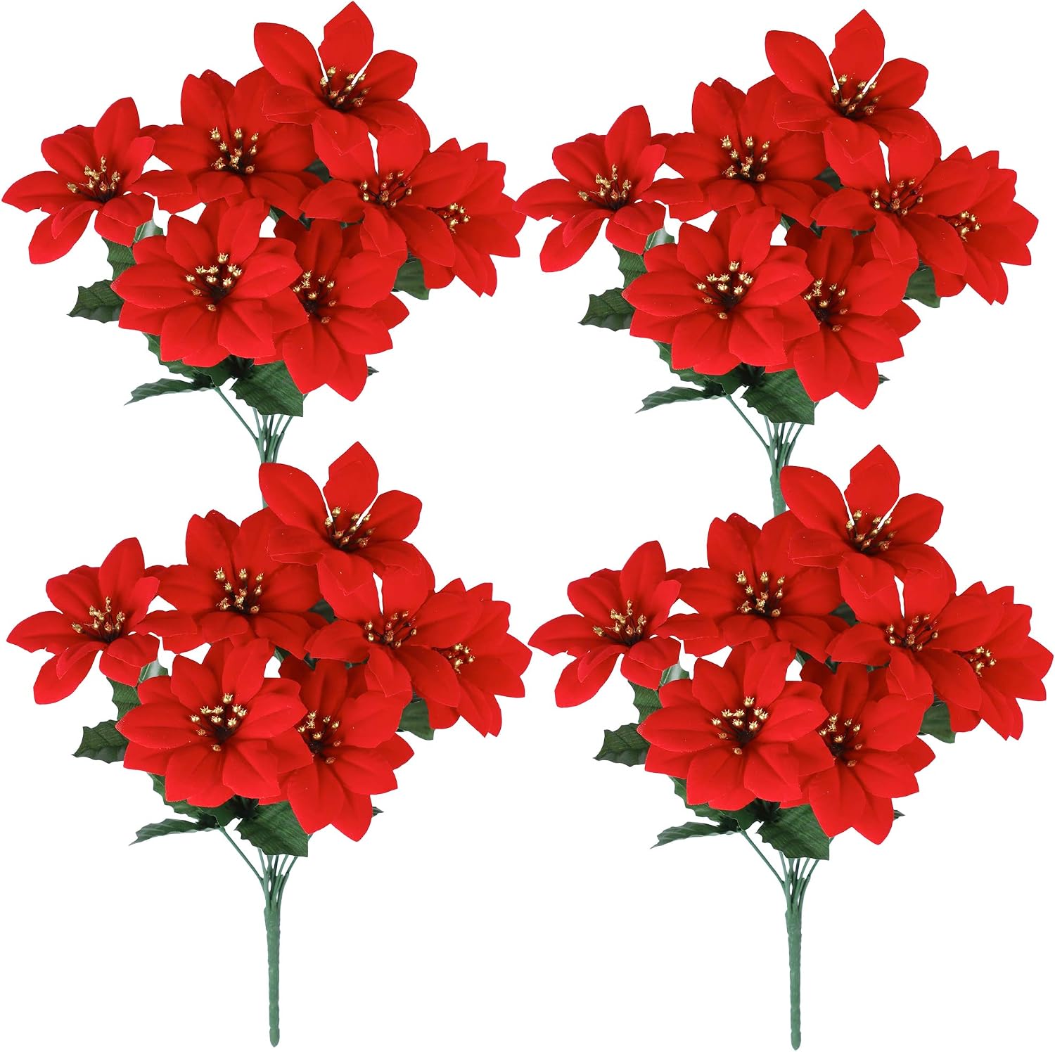 Homcomoda Christmas Red Artificial Flower Faux Poinsettia Bush Fake Flowers for Holiday Wedding Home Decoration 7 Heads 4 Bouquets
