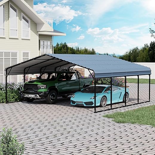 EROMMY 20‘x20’ Stable Metal Carport, All-Weather Heavy-Duty Carports with Strong Base, Sturdy Car Shed with Galvanized Steel Roof and Frame, Easy Assembly Car Port for 2 Cars, Tractors, Boat, Gray
