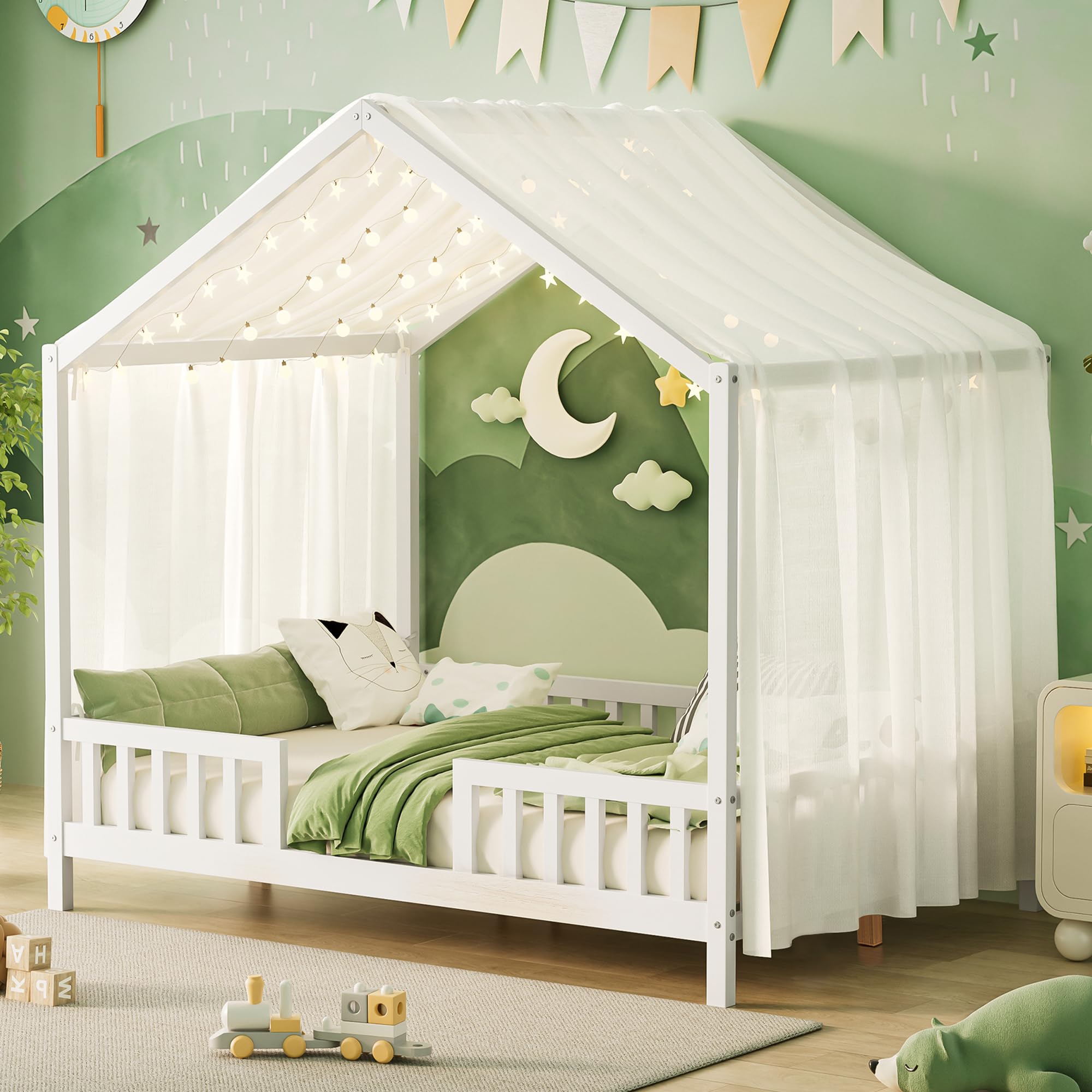 Floor Bed with Canopy, High Railings and Roof, Full Size Wood House Bed Frame for Kids Bedroom (White/C)