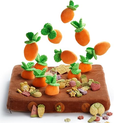 Nocciola 12 pcs Carrot Dog Squeaky Toys with Food Dispensing Carrot Farm, Dog Enrichment Toys for Hide and Seek, Puzzle Toys for Small and Medium Dogs