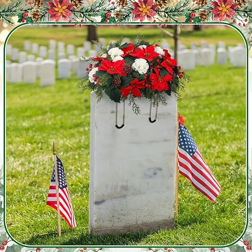 Miniatura 5 de Craftsatin Decoraciones de cementerio para tumbas, lápida, sillín de cementerio artificial, flor de pascua roja, lápida conmemorativa al aire libre,