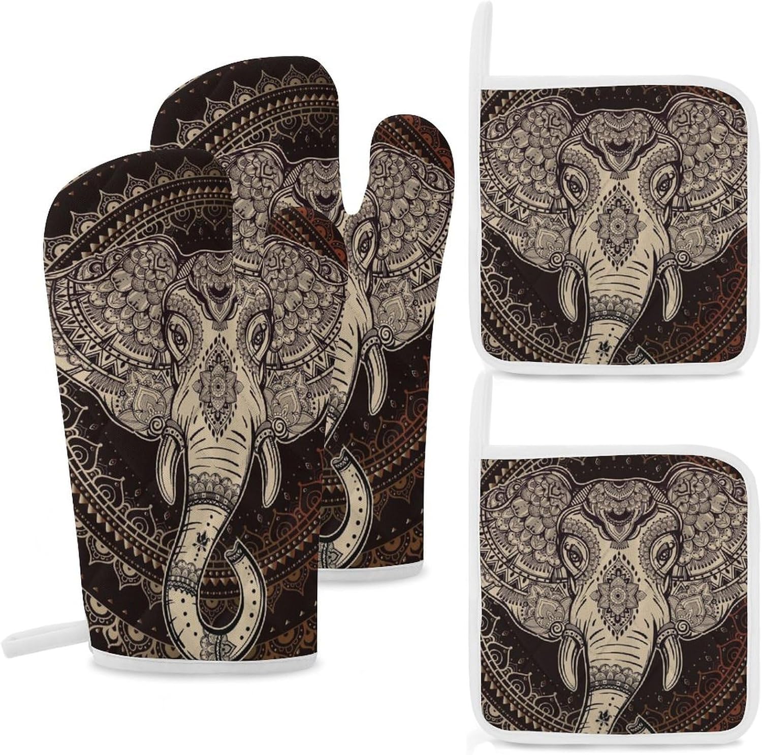 Oriental Elephant Mandala Circle Oven Mitts and Pot Holders 4Pcs Set Heat Resistant Cooking Mitts Hot Pads