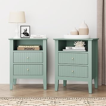 RoyalCraft Fluted Nightstand Set of 2, Colorful Nightstand with 2 Drawers, Modern Wooden End Table with Storage for Small Spaces, Side Table for Bedroom, Couch, Home Office, Milky Green