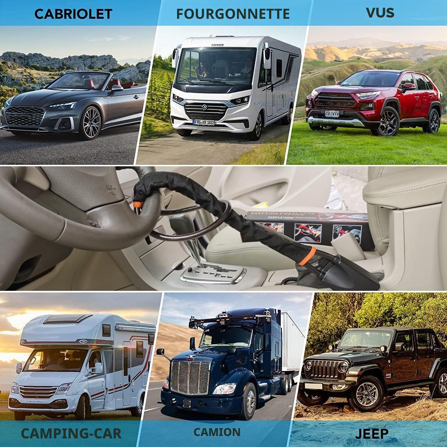 Verrou antivol universel pour volant de voiture avec 3 clés - Compatible avec la plupart des voitures, camions, SUV, camionnettes