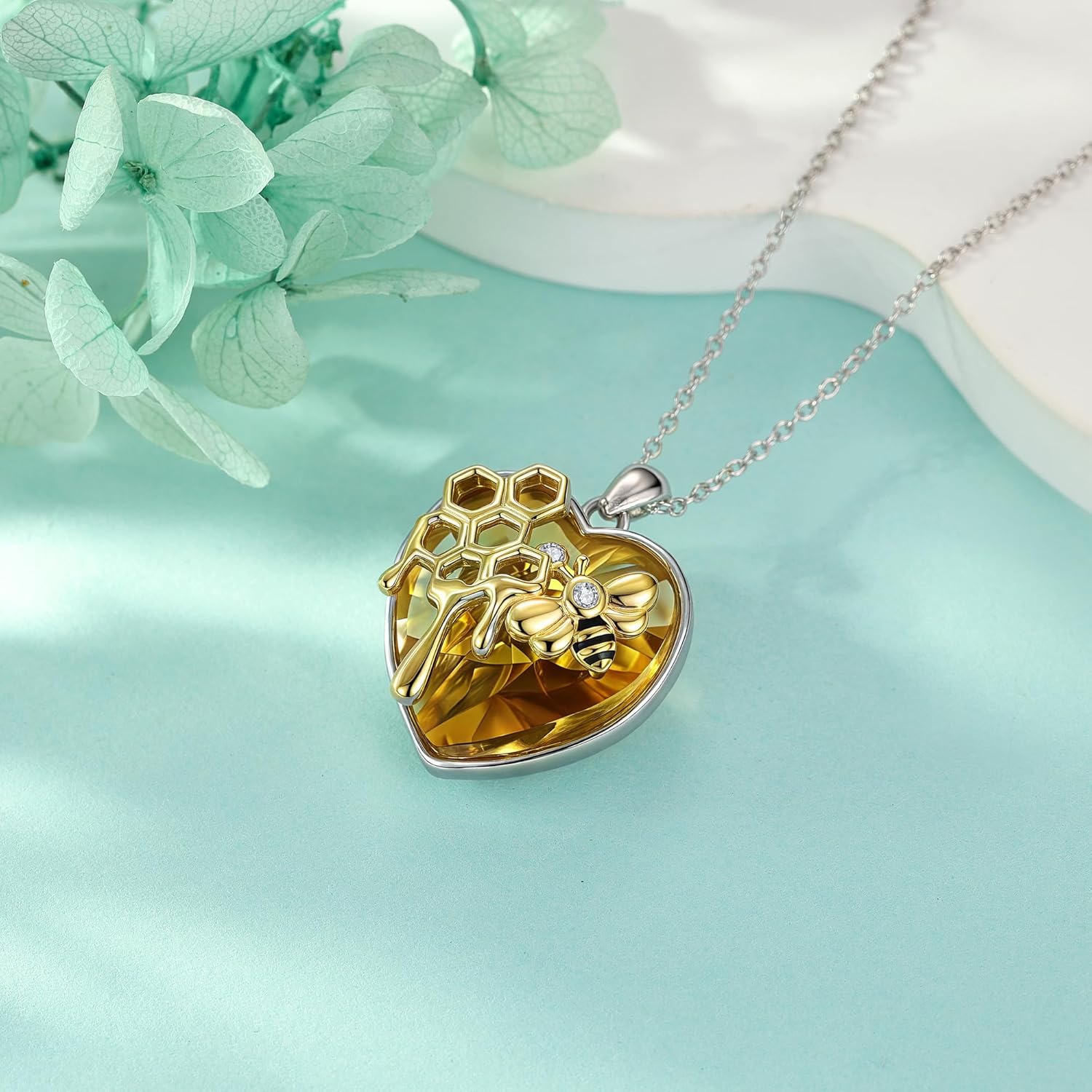 SNOWELLE Bee Necklace 925 Sterling Silver Heart Honey Bee Pendant Honeycomb Necklace Cute Animal Jewelry Gifts for Women - Image 2