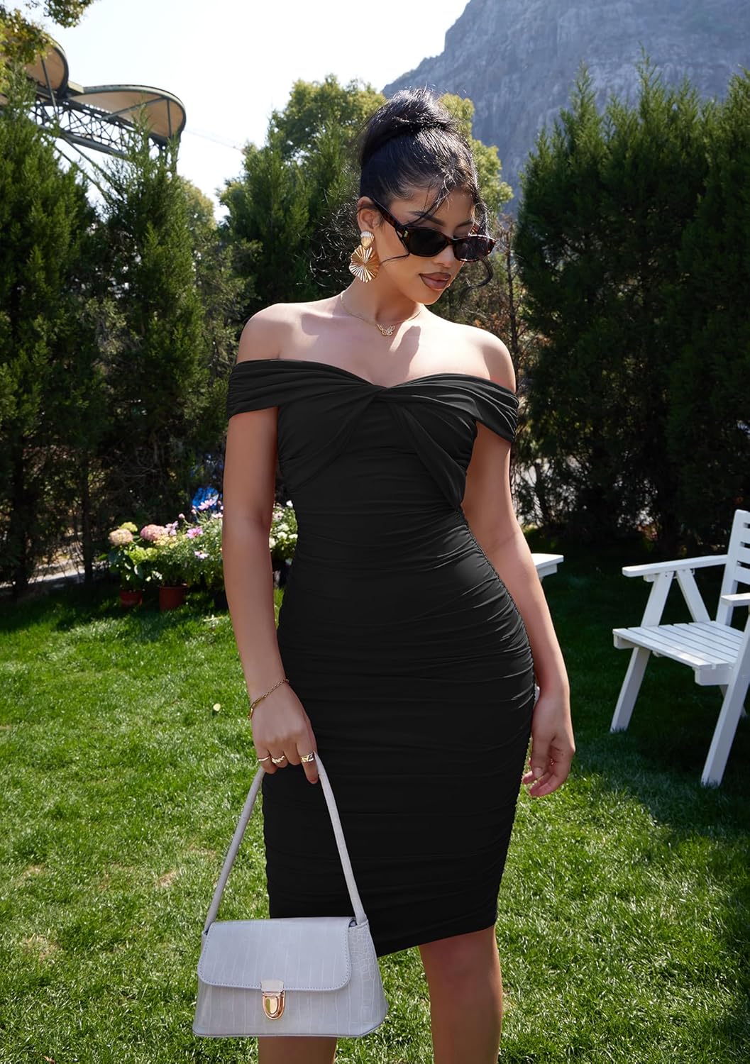 GOBLES Women's Sexy Off The Shoulder Twist Wrap Short Sleeve Ruched Bodycon Midi Party Dress - Image 4