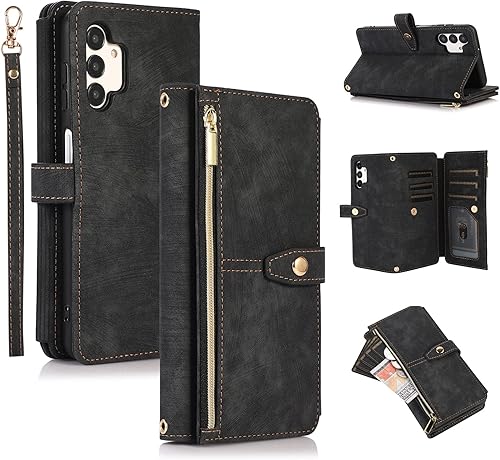 UEEBAI Funda para Samsung Galaxy A13A04s, 9 ranuras para tarjetas, billetera de cuero retro para A13 5G4G con correa de mano, ranuras para tarjetas,