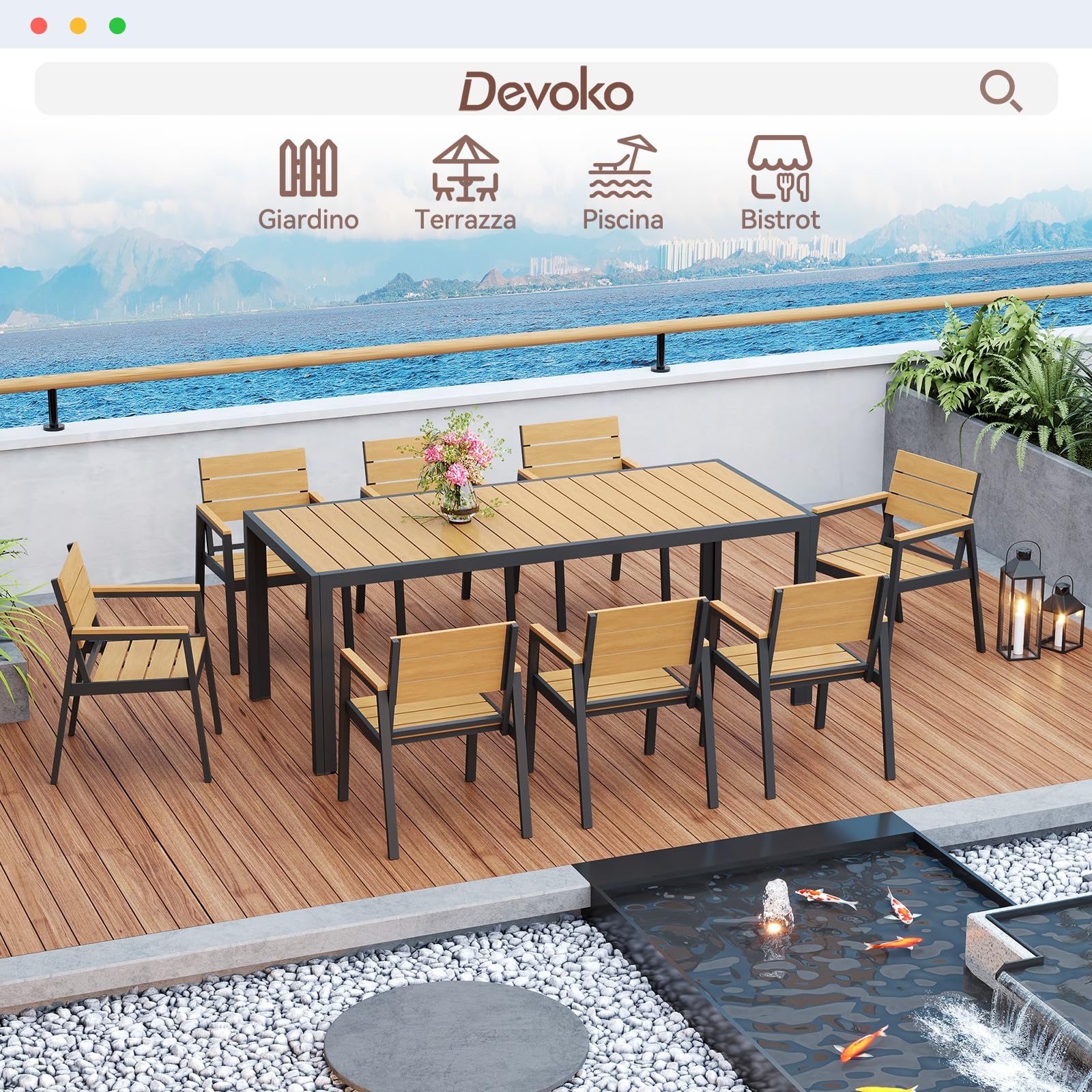 Devoko HDPS Set Tavolo e Sedie da Giardino 9 Pezzi Alluminio Finitura Vena di Legno 189 cm Naturale