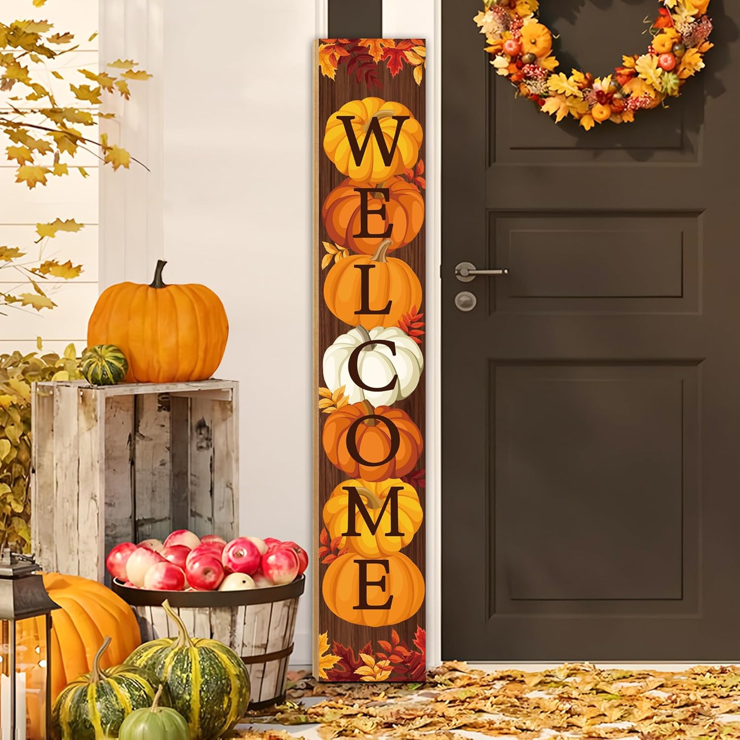 47″ Fall Welcome Porch Sign with Pumpkins and Leaves for Autumn Decor 47″ Fall Welcome Porch Sign with Pumpkins and Leaves for Autumn Decor