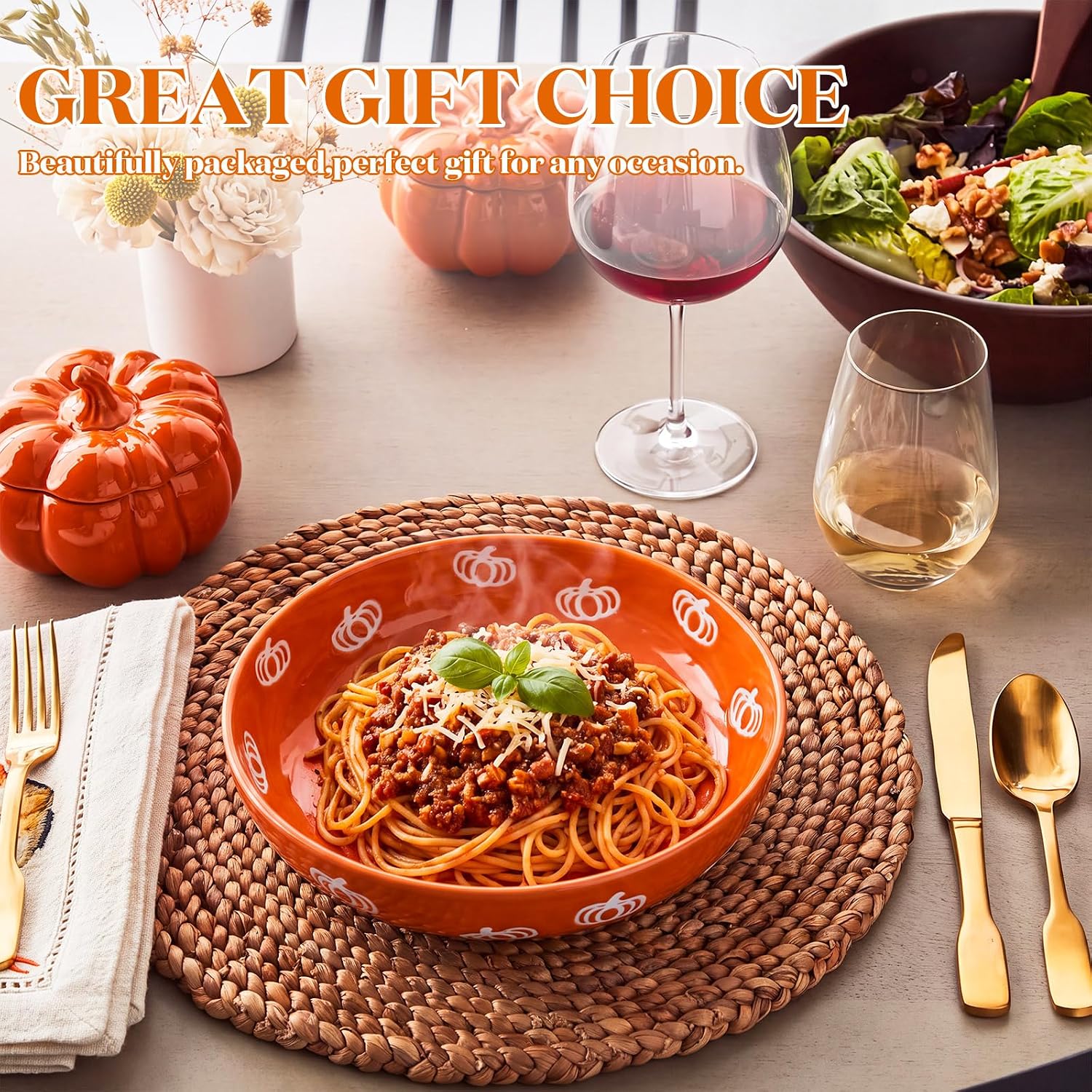 4 Pcs Fall Pumpkin Ceramic Pasta Bowls, 40 oz Shallow Salad Soup Bowls