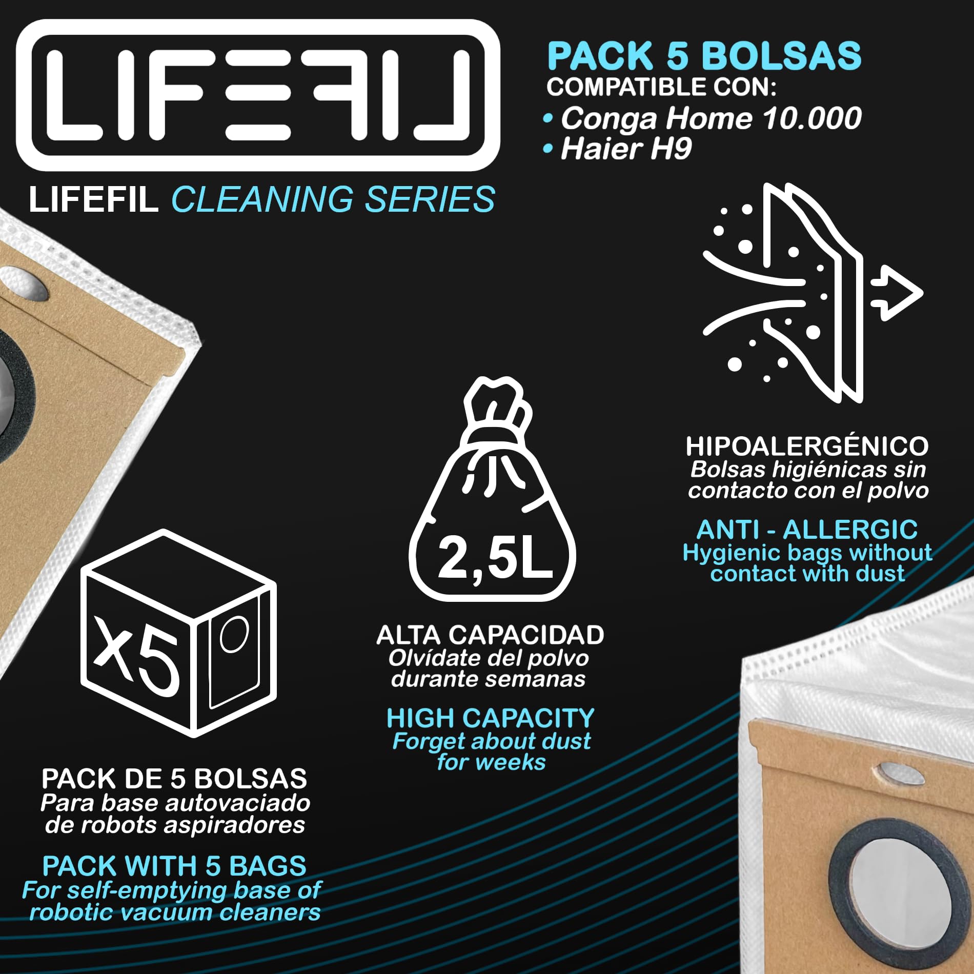 5 Sacchetti Polvere Compatibili Con Eufy L50 SES/L60 SES, Conga 8090 Ultra/9090 AI/Home 10000, Haier H9+ | 4 Strati Filtro, 2,5L - 2