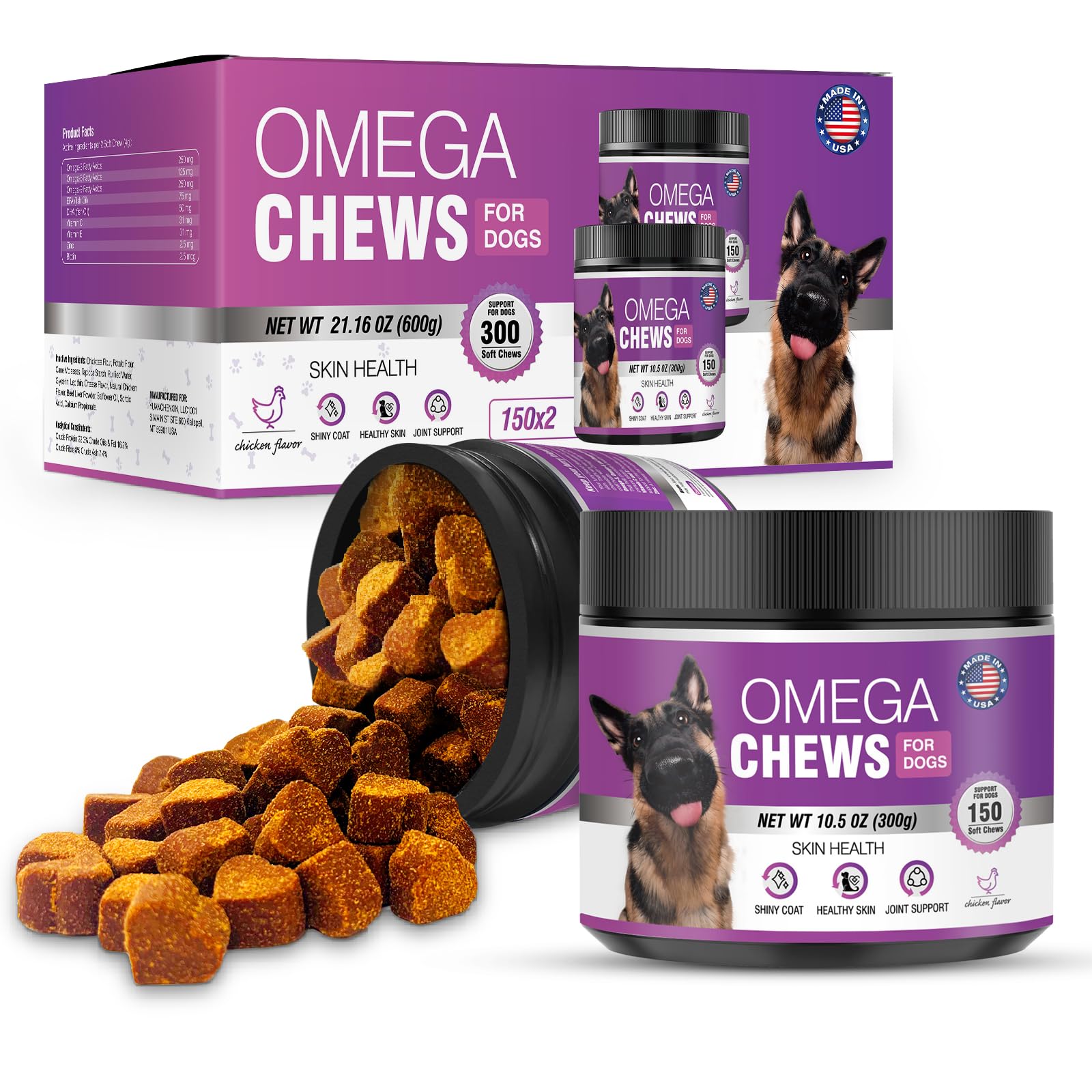 Omega 3 for Dogs 300pcs Skin and Coat Shedding Supplement Fish Oil Supplements Dog Vitamins Allergies Hair Growth Care Chews Fatty Acids Pet Dry Skin Relief Allergy Itchy Chew Salmon Chewable