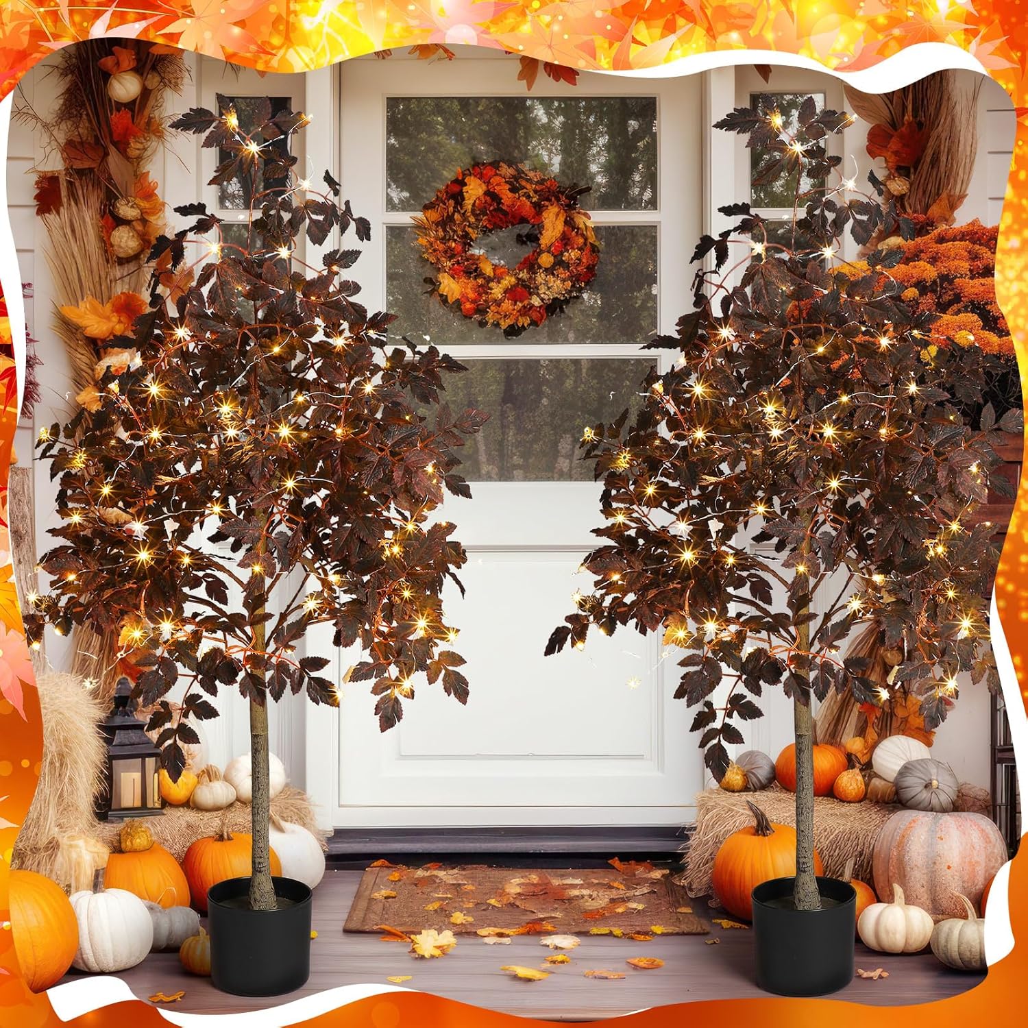 4ft Thanksgiving Plum Cimicifuga Stems Seeded Fall Tree Artificial Ficus Leaf Tree Plant Decor Autumn Halloween Faux Decor for Party Porch Fireplace Front Door Outdoor Indoor Decoration