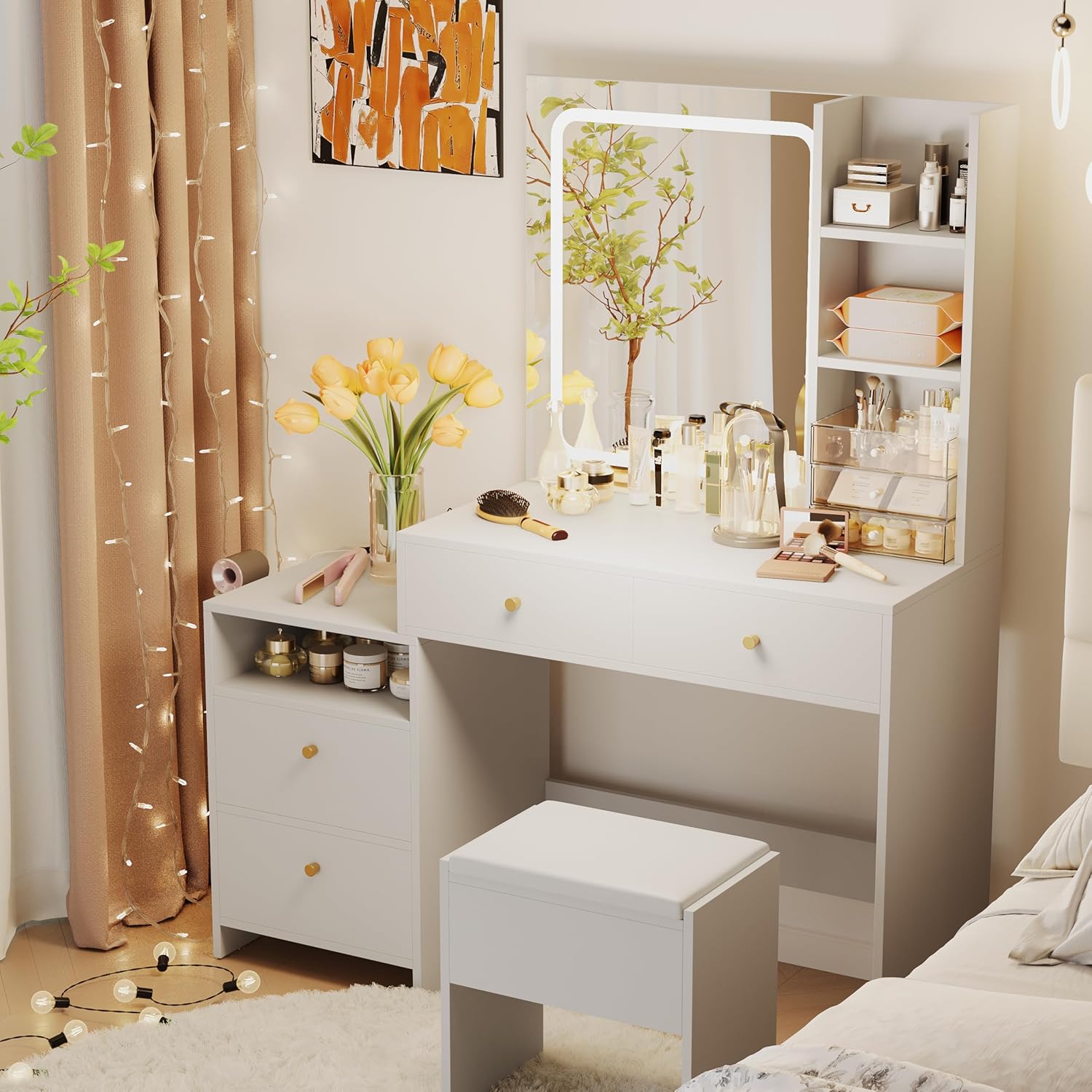 Andeworld Vanity Desk with LED Lighted Mirror&Power Outlet,3 Lighting Modes Adjustable Brightness Makeup Vanity Desk with 4 Large Drawers and 3 Storage Shelves, White Vanity with Stool for Bedroom