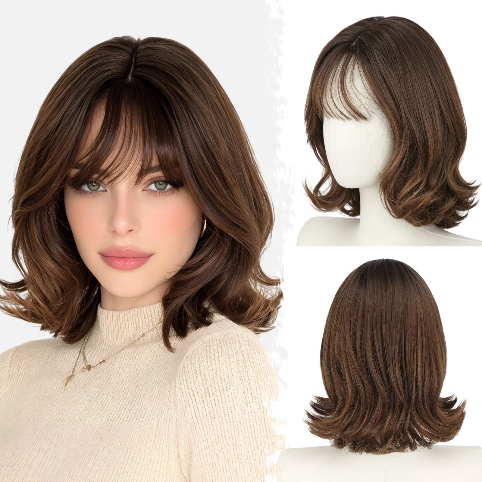 BARSDAR Soft Synthetic Short Layered Brown Ombre Bob Wig with Wispy Bangs Brown Ombre 13 Inch