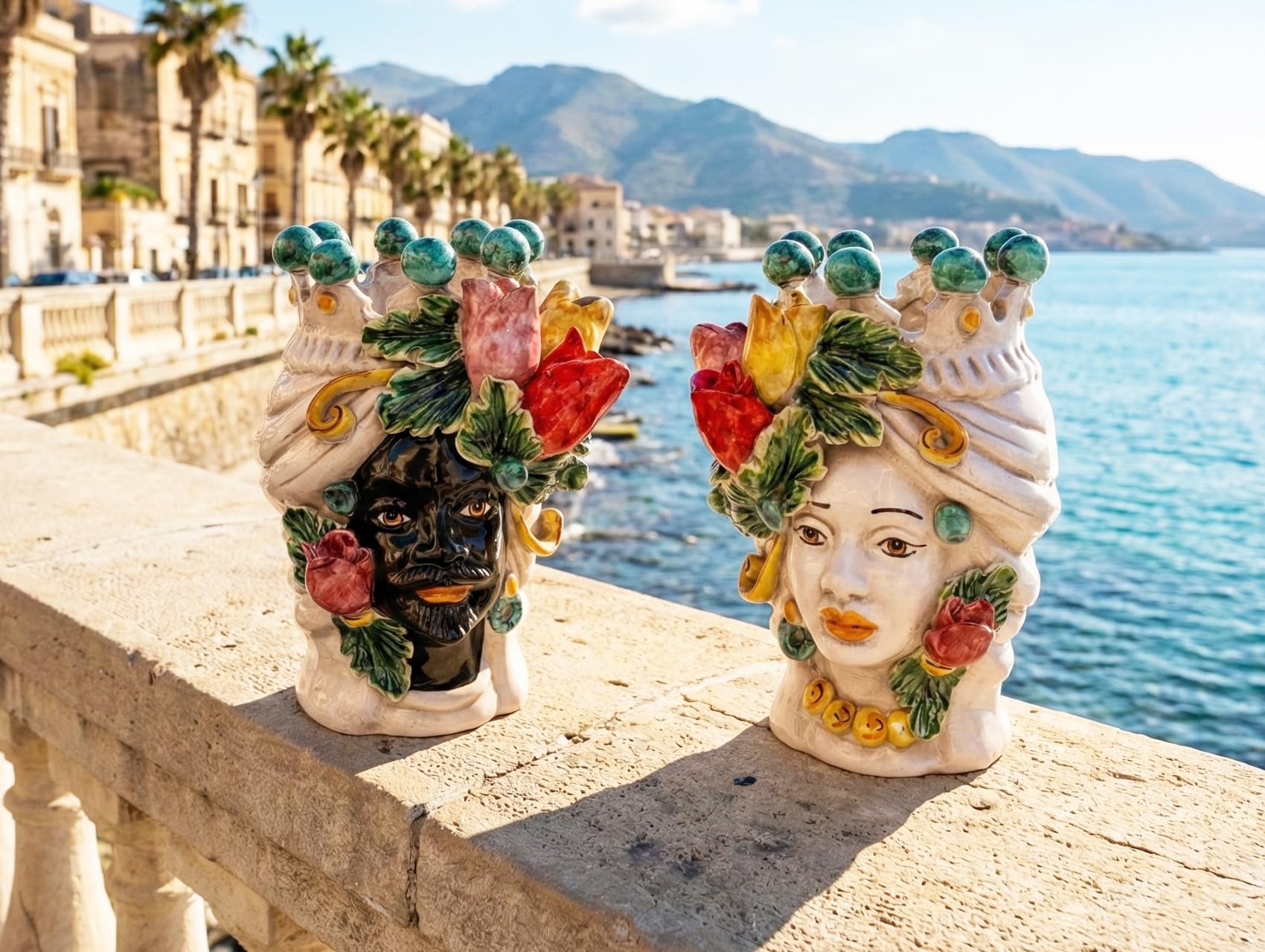 Cabezas de moro de cerámica de Caltagirone pintadas a mano de 20cm