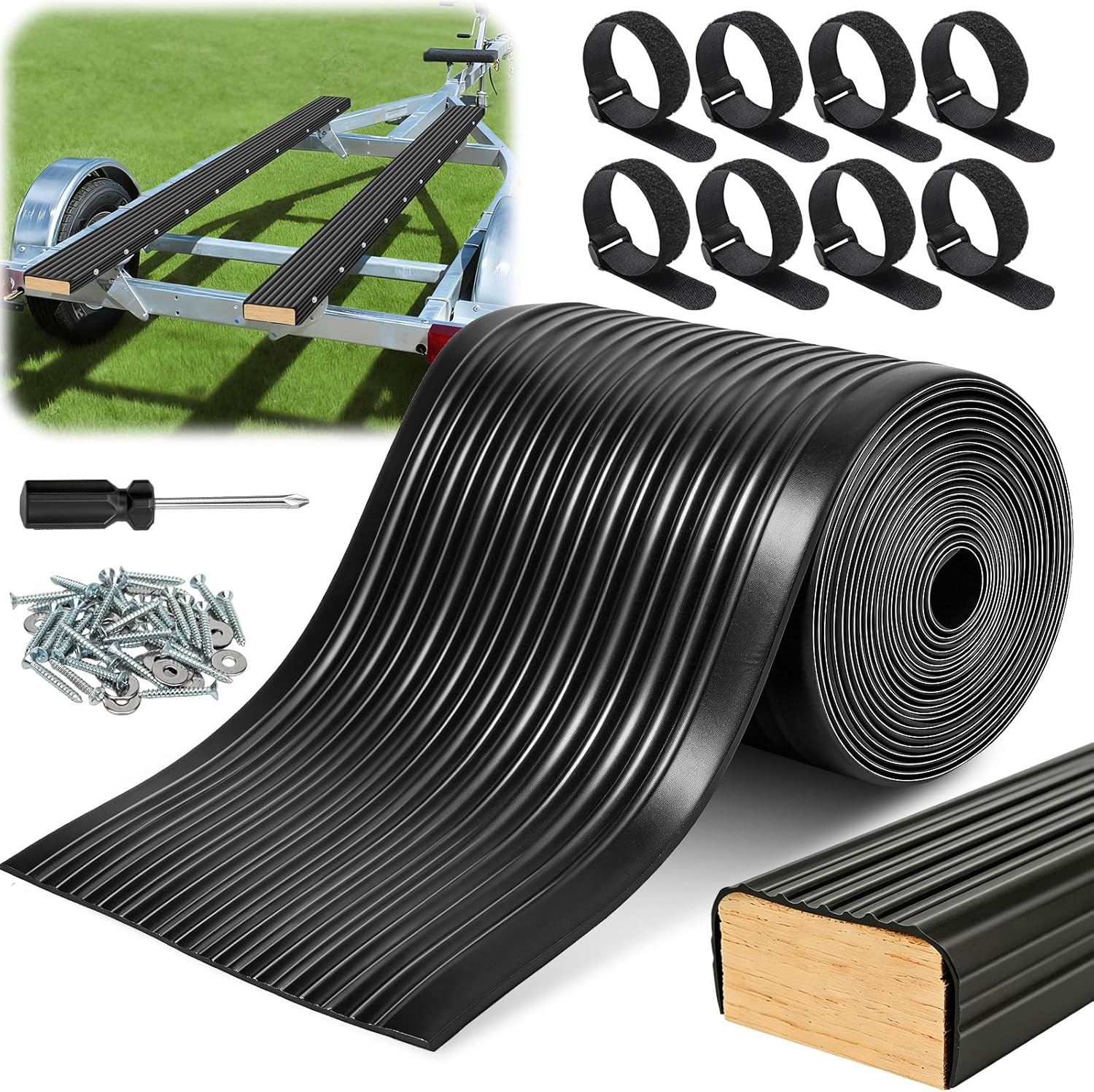 PE Waterproof Boat Trailer Bunk Wrap Kit, Boat Trailer Bunk Carpet with Install Hardware, Heavy-Duty Low Friction Replacement Synthetic Bunk Board Cover for Smooth Loading&Unloading Boats