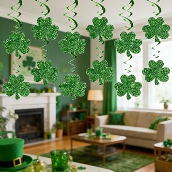 12 Pcs St Patricks Day Hanging Decorations | Green Foil Swirls with Glitter Shamrock Cutouts | Lucky Irish Party Decor for Ceilings, Mantels & Doorways | Festive St Paddy’s Day Supplies for Home, Bar
